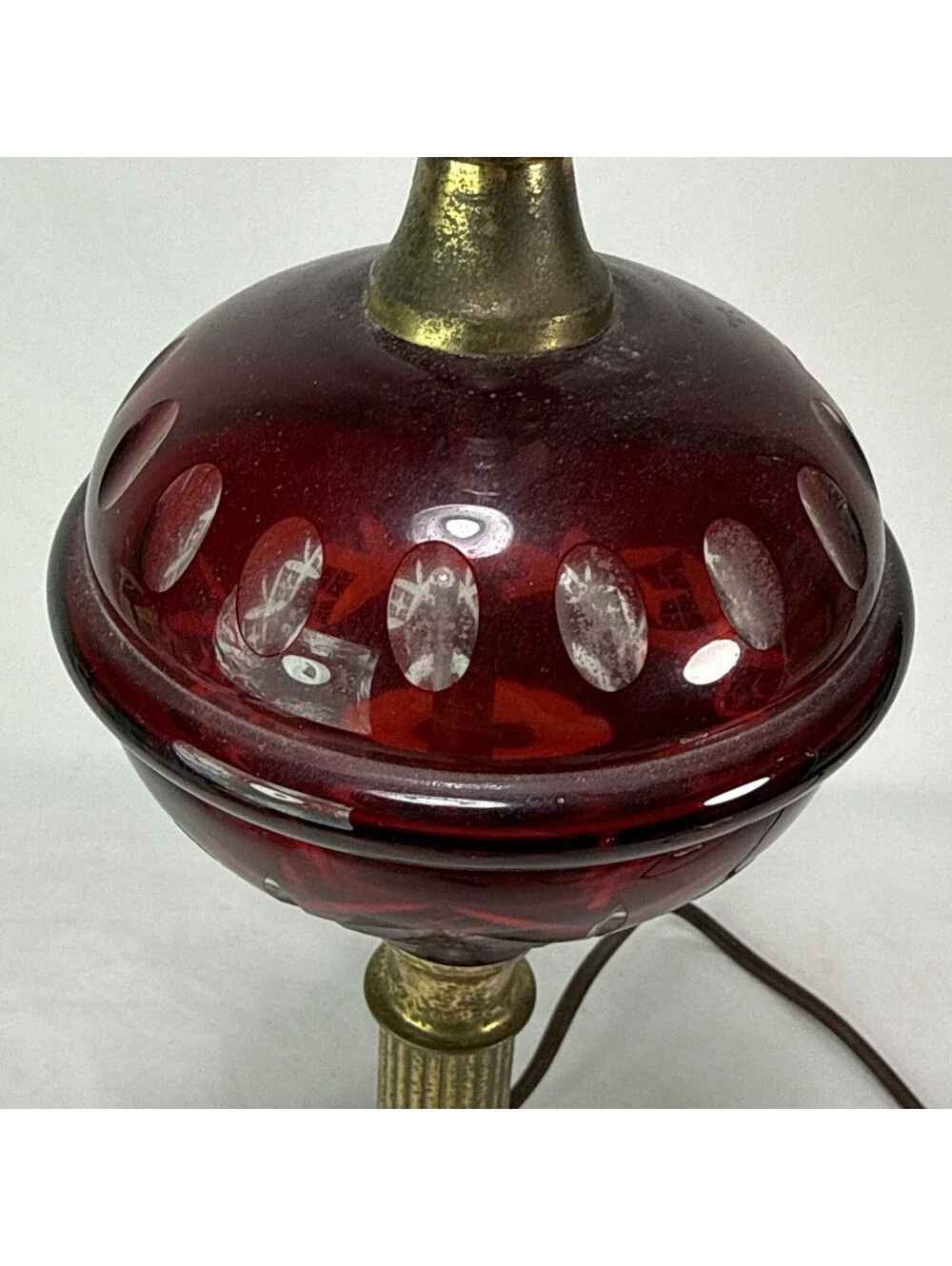 Vtg. Ruby Red Lamp, Etched Glass,Brass/Marble Base,Hollywood Regency Decor,1950